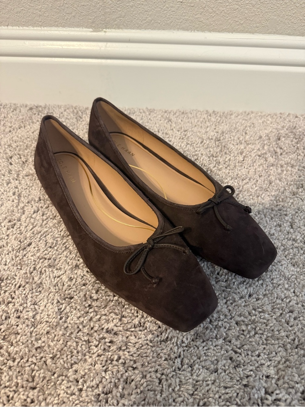 Cole Haan Dark Brown Suede Square-Toe Ballet Flats